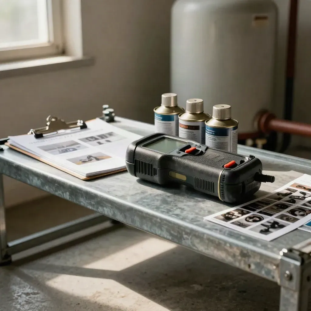 Utility-room meter, fuel canisters, clipboard, and asset photos for emissions inventory