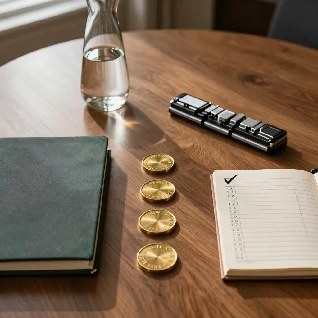 Flat lay of brass tokens, binder, carafe and paper weights on a walnut boardroom table.