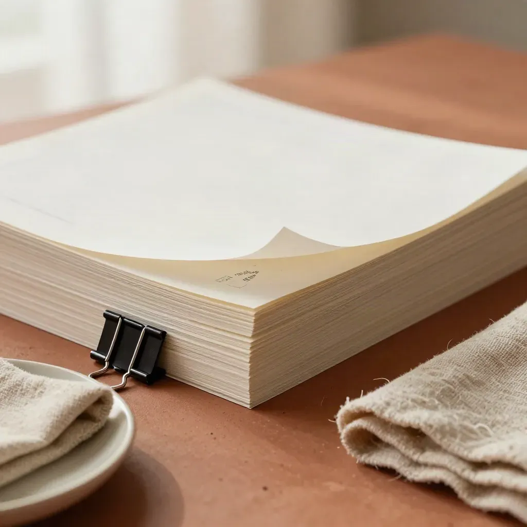 Off-white proof pages clipped on a terracotta drafting surface with cloth and ceramic dish.