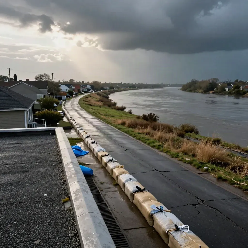 Riverside flood prep with sandbags, drainage channel, and storm clouds from above.