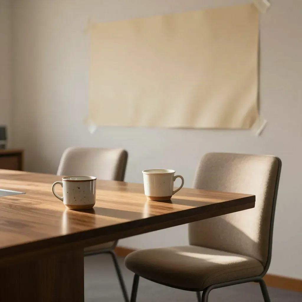 Empty planning room with pushed-back chairs, coffee cups, and sunlit butcher paper.