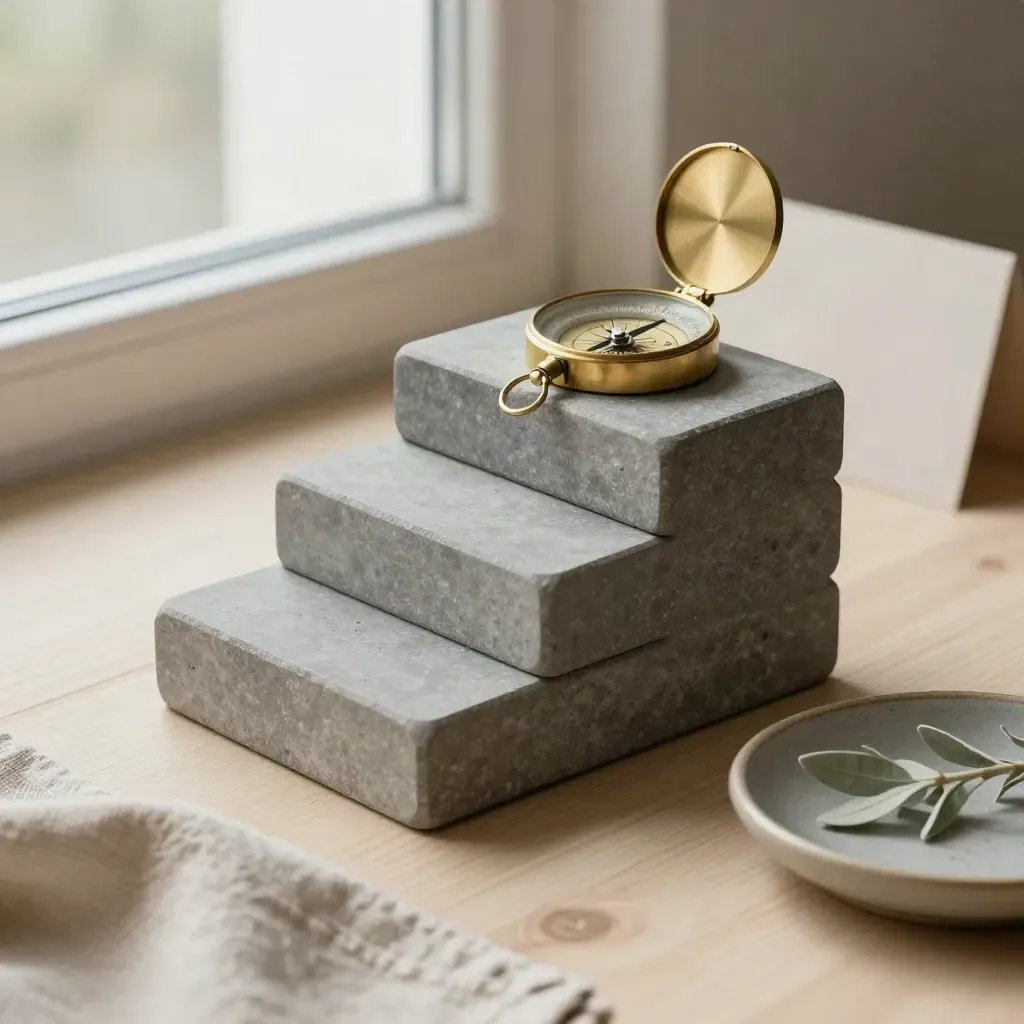 Stepped blocks, brass compass, linen and ceramic dish on pale wood